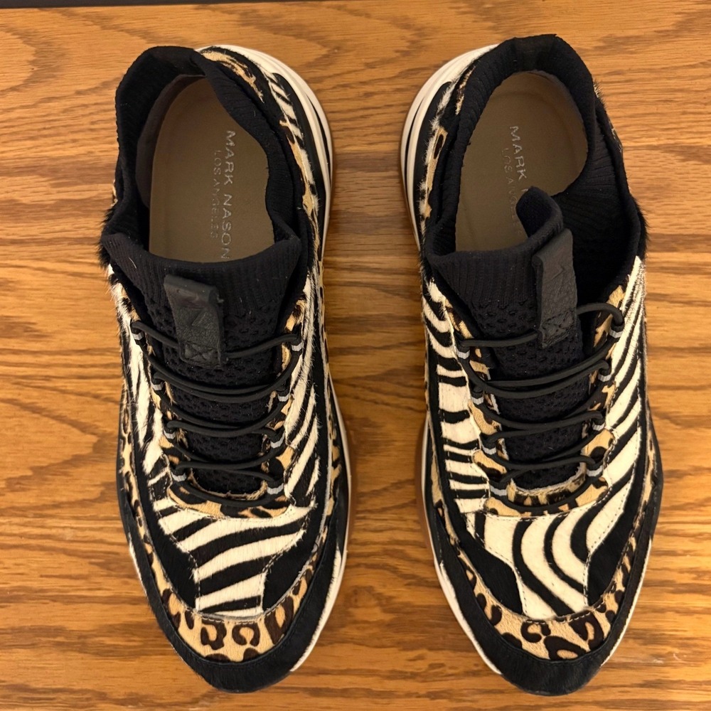 Mark Nason Los Angeles Women Animal Print Calf Hair Platform Sneakers Black Tan